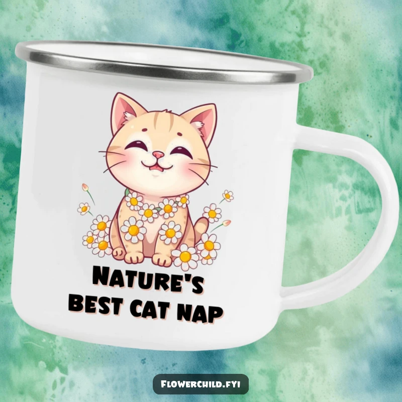 Funny Cat Daisy Chain Camping Mug: A durable mug with a smiling cat wearing a daisy chain.