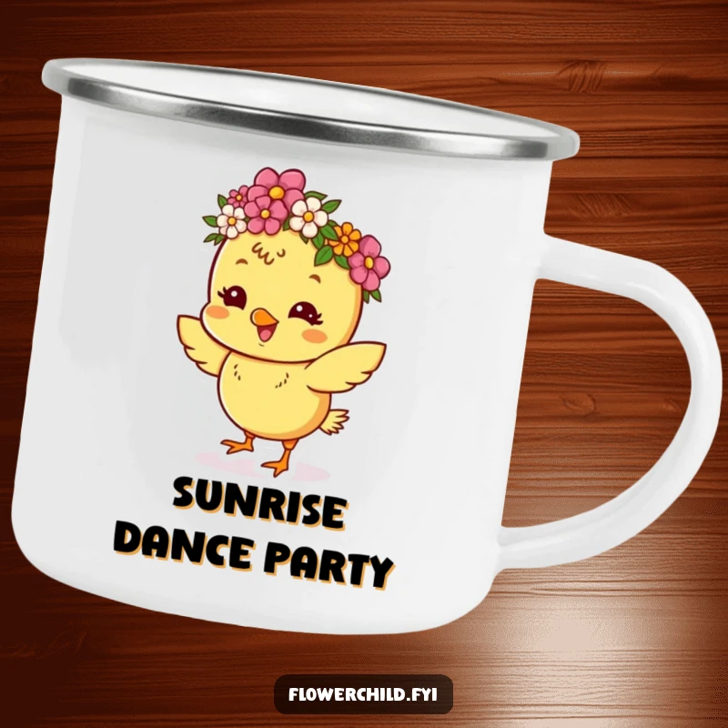 Funny camping mug with a happy chick wearing a flower crown, dancing and ready for fun.
