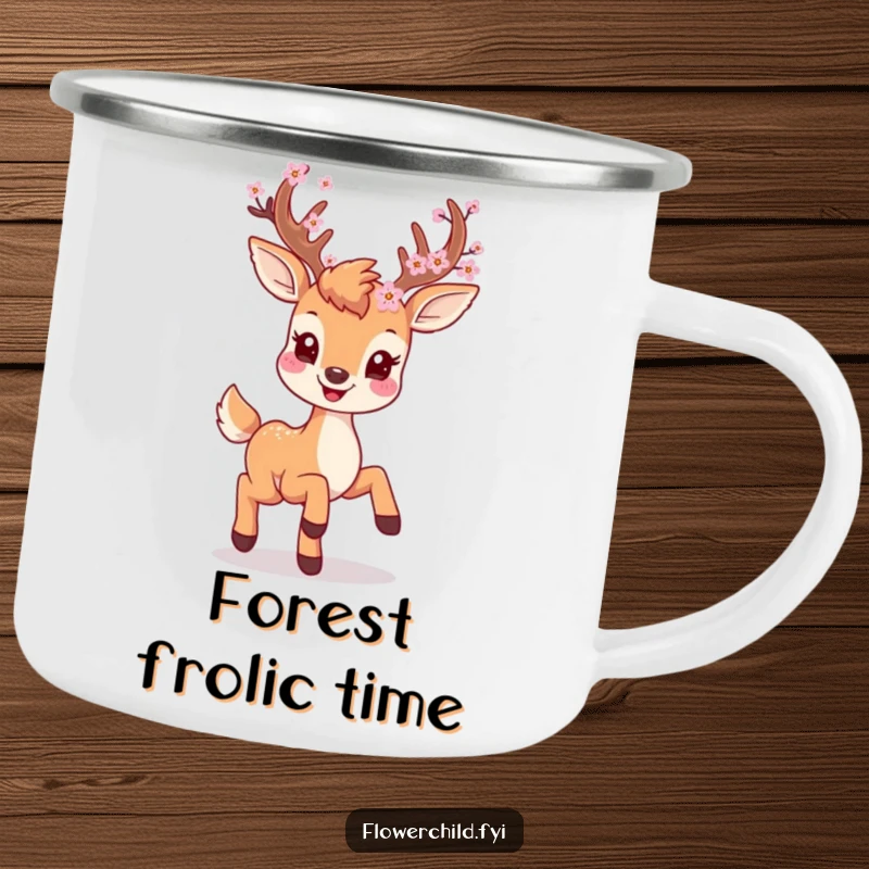 Funny smiling deer with blossoms on its antlers prancing on a rugged enamel camping mug, ideal for outdoor exploration.