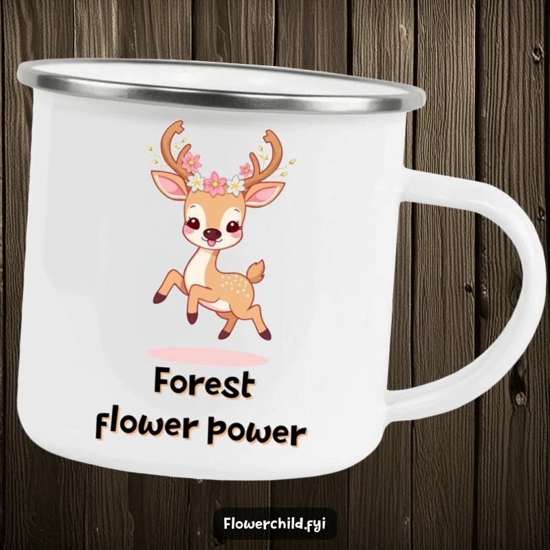 Funny deer flower camping mug with a deer prancing with floral antlers, ready for nature and lighthearted fun.