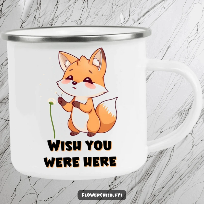 Funny Camping Mug featuring a playful fox smiling, blowing dandelion seeds into the wind, perfect for outdoor drinks.