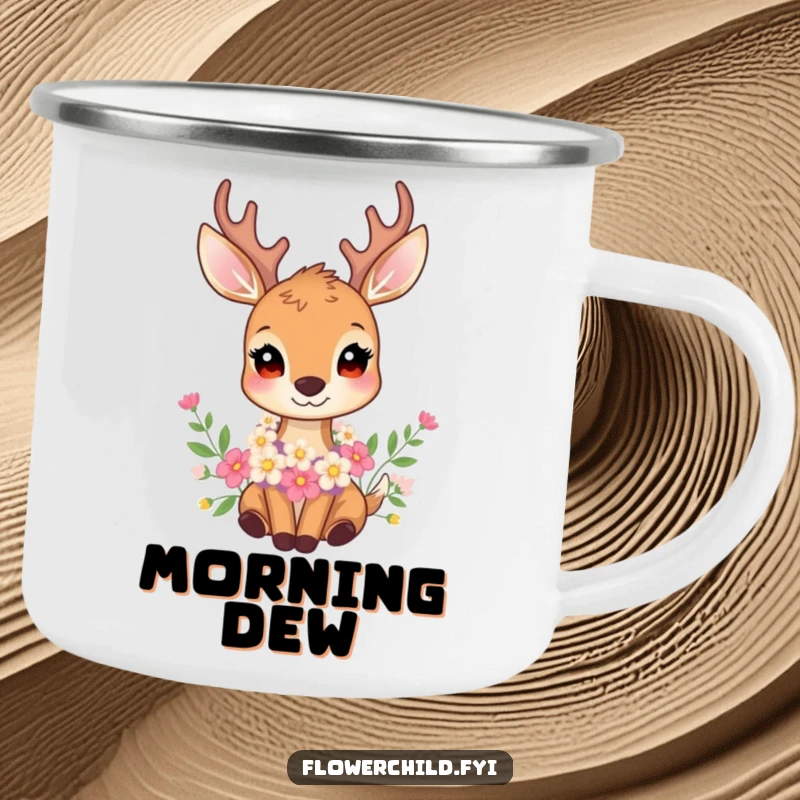 Funny camping mug featuring a gentle deer with a flower garland, ideal for serene moments in nature.