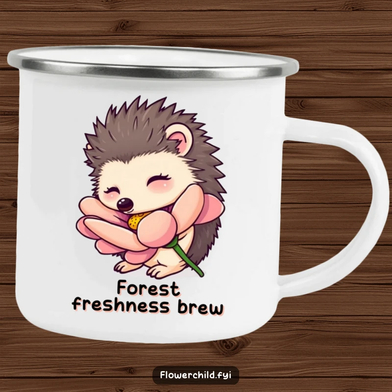 Funny hedgehog camping mug, a curious hedgehog smelling a large flower, perfect for outdoor drinks and nature-themed adventures.