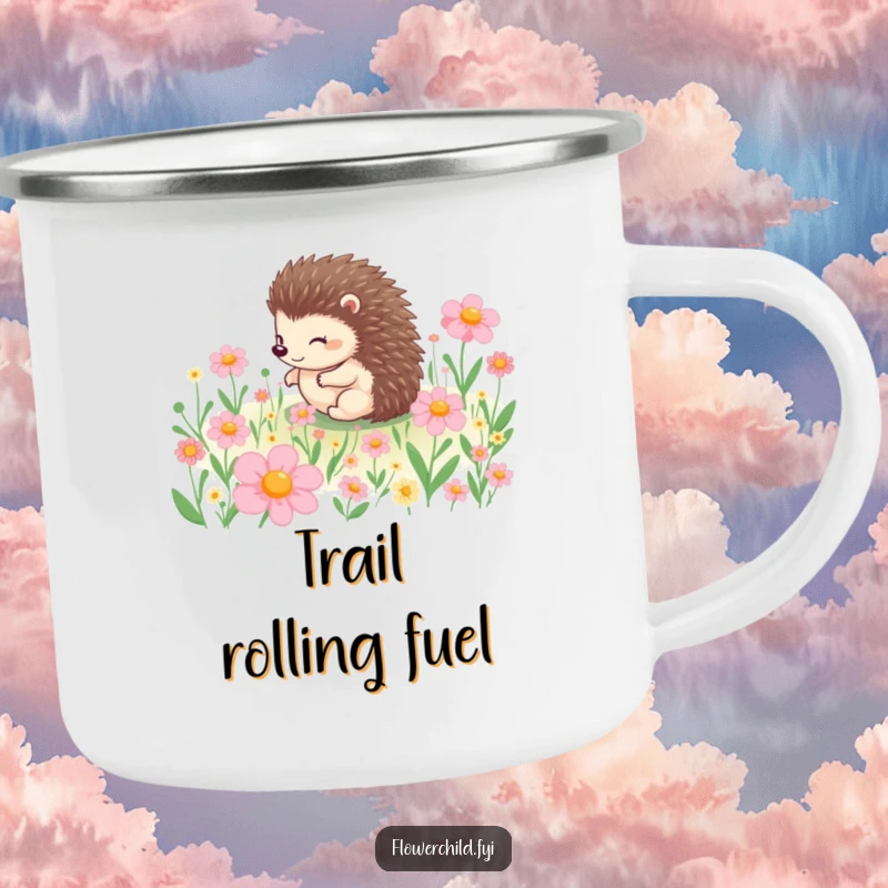 Funny camping mug featuring a happy hedgehog character rolling through blossoms, perfect for outdoor enthusiasts who love nature and humor.