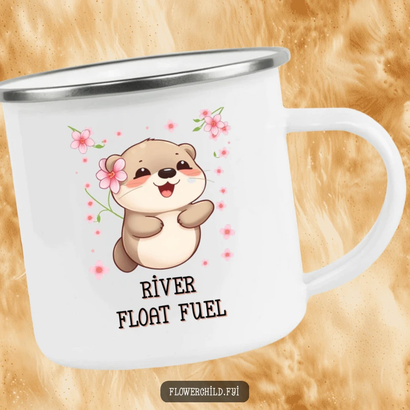 Funny otter camping mug showing a happy otter with a flower, floating peacefully amidst soft blossoms.