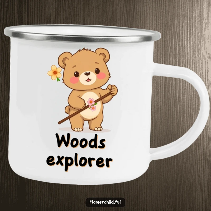 Funny camping mug with a proud bear cub holding a flower-decorated walking stick, ideal for outdoor enthusiasts and nature lovers.