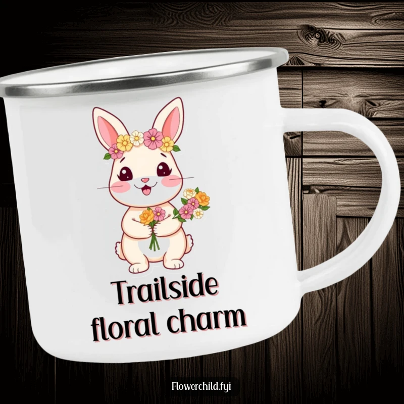 Funny camping mug featuring a happy rabbit wearing a flower crown and holding a charming bouquet.