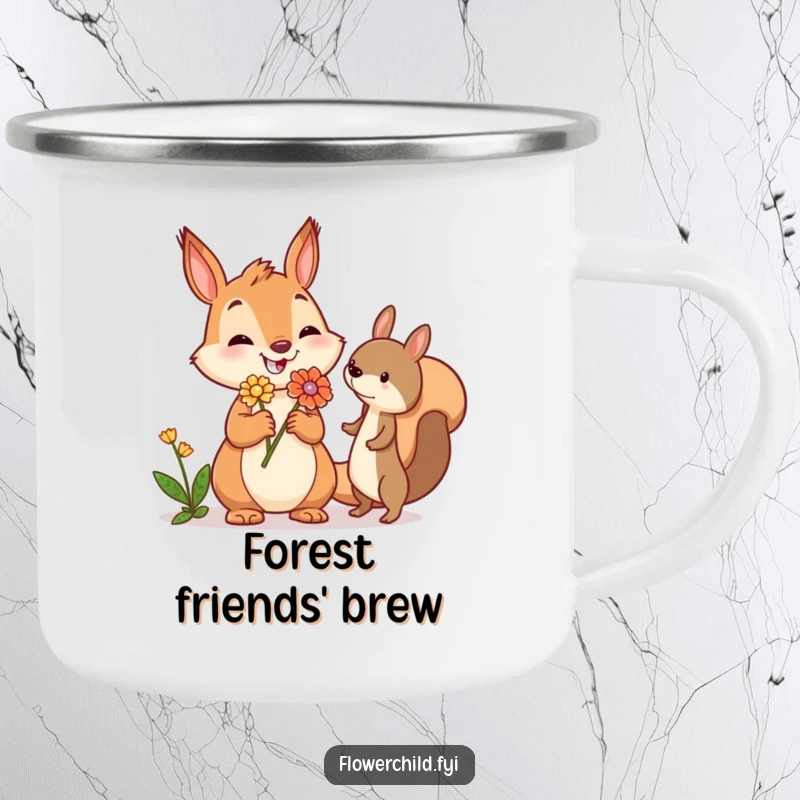 Funny squirrel camping mug showing a jovial squirrel offering a flower, designed for outdoor use with a touch of woodland warmth.