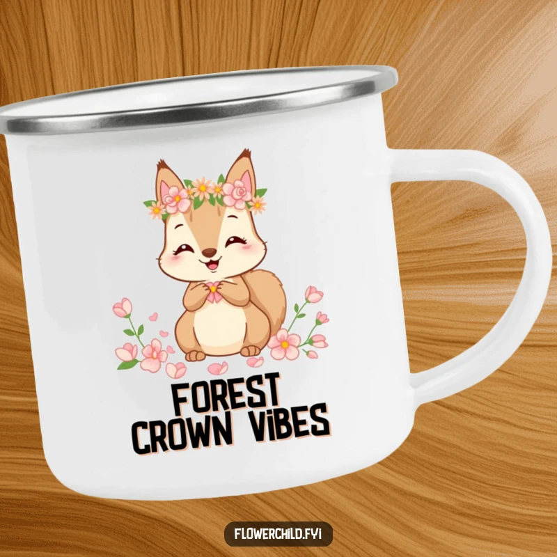 Funny Camping Mug featuring a cute squirrel in a flower crown happily gathering petals, perfect for outdoor adventures.