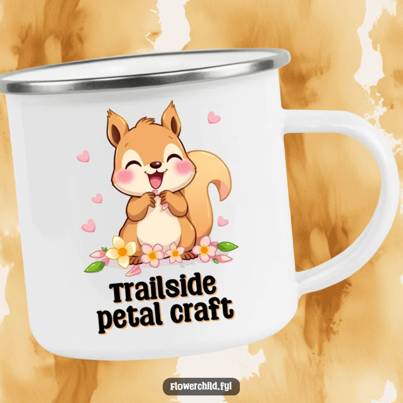 Funny camping mug featuring a delighted squirrel character gathering flower petals for a chain.