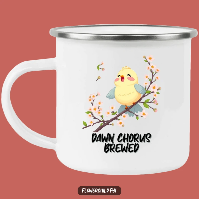 Joyful Bird Blossom Camping Mug: Funny Outdoor Melody Companion