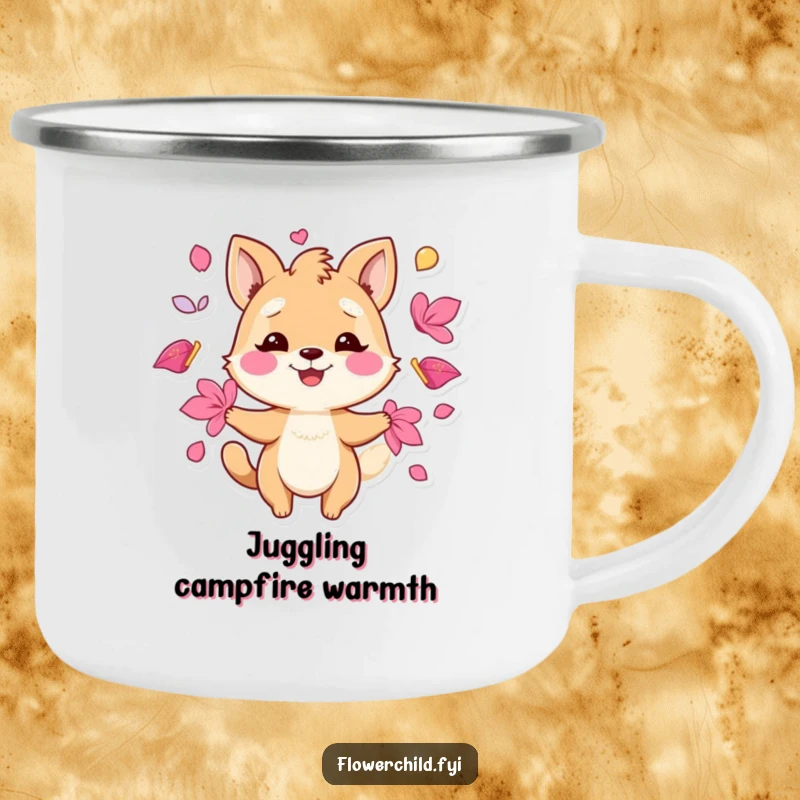 Funny enamel camping mug with a playful animal character juggling vibrant petals with a smile, for outdoor use.