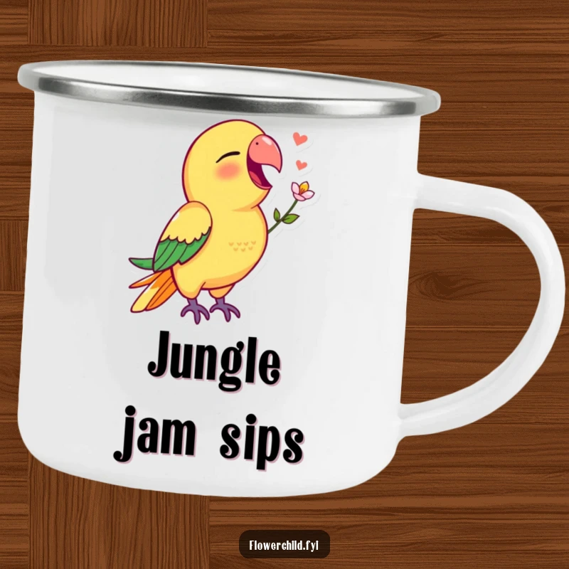 Funny parrot camping mug showing a vibrant parrot singing with a flower in its beak, an outdoor delight.