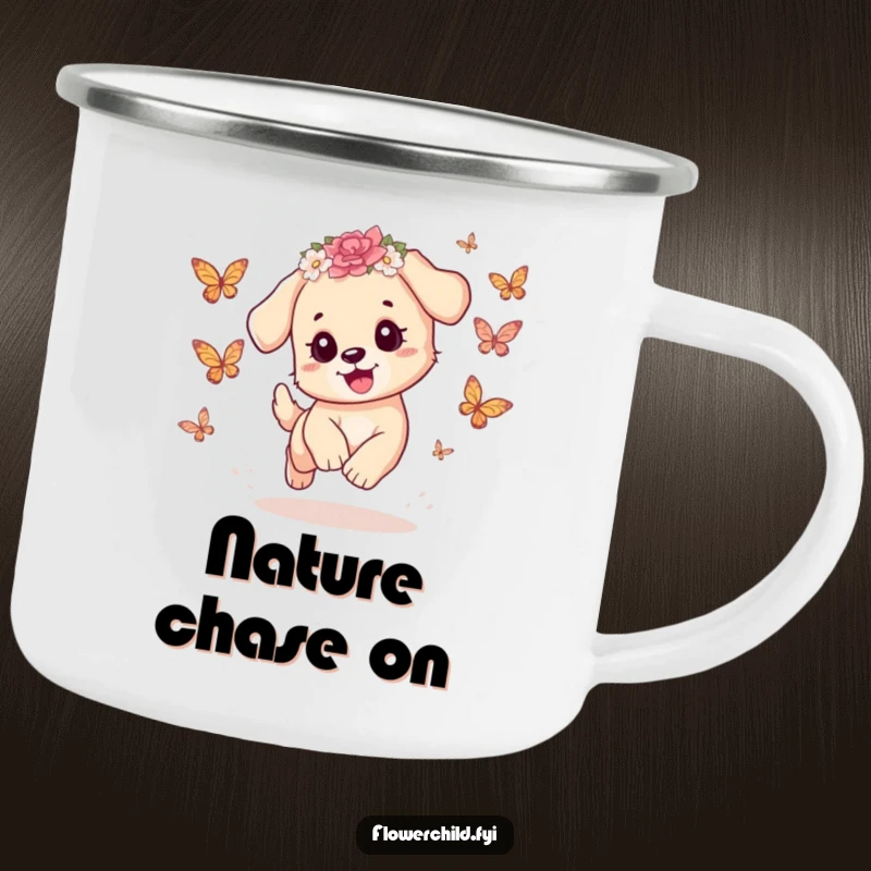 Funny Puppy Camping Mug: A playful puppy wearing a flower crown chases butterflies on this durable mug, perfect for cheerful outdoor sips.