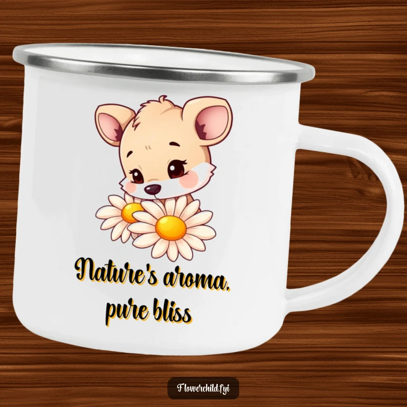 Funny enamel camping mug with a curious animal character sniffing a large, colorful daisy, perfect for outdoor enthusiasts.