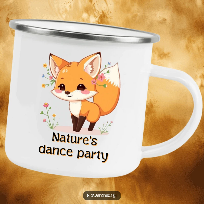 Funny fox camping mug, with wildflowers behind its ear, dancing playfully, durable and portable, perfect funny gift.