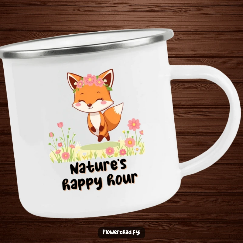 Funny Fox Flower Crown Camping Mug: A cheerful fox with a flower crown skips through a meadow, designed for outdoor enjoyment.