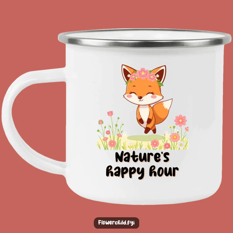 Funny Fox Flower Crown Camping Mug: Cheerful Meadow Skipper, Durable Funny Gift for Outdoors