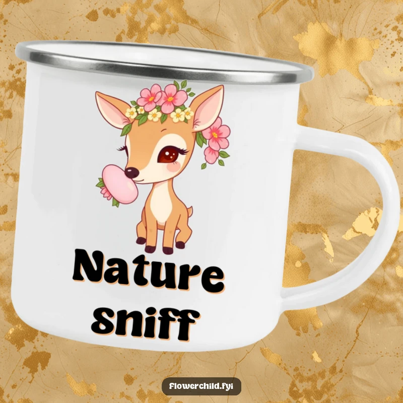 Funny camping mug featuring a curious deer with a flower garland, sniffing a large bloom, ready for adventure.
