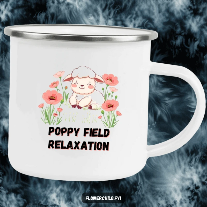 Funny sheep poppy camping mug, a content sheep resting peacefully in a field of poppies, perfect for enjoying drinks outdoors.