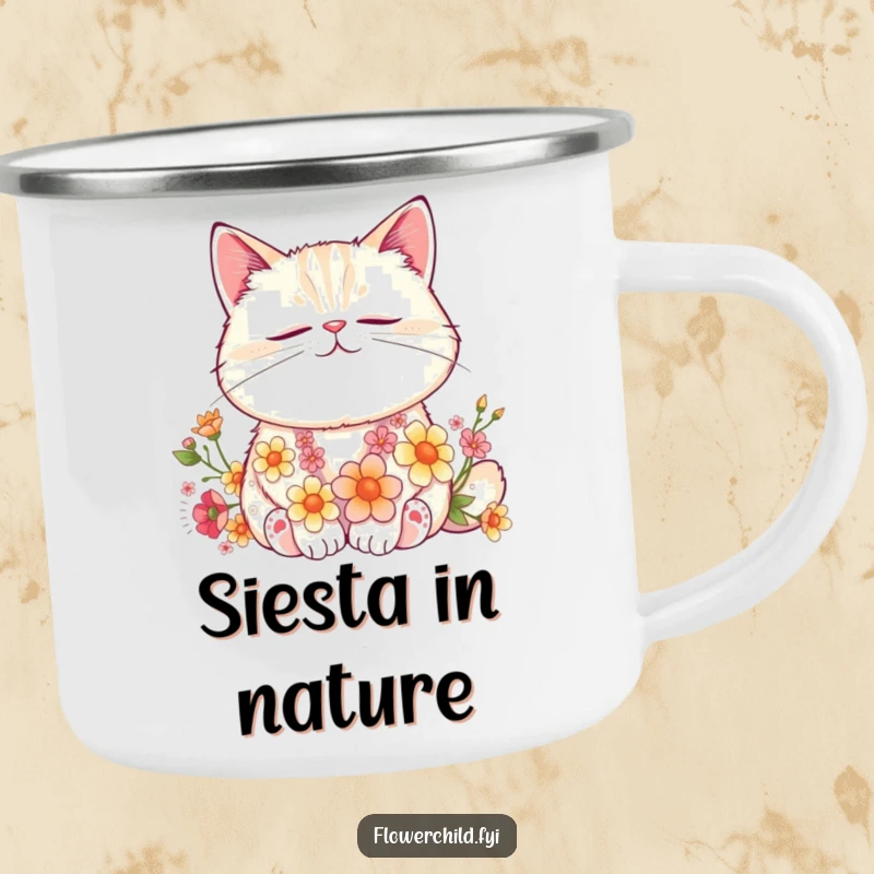 Funny Cat Flower Nap Camping Mug: A contented cat naps peacefully amidst flowers, perfect for enjoying beverages outdoors.