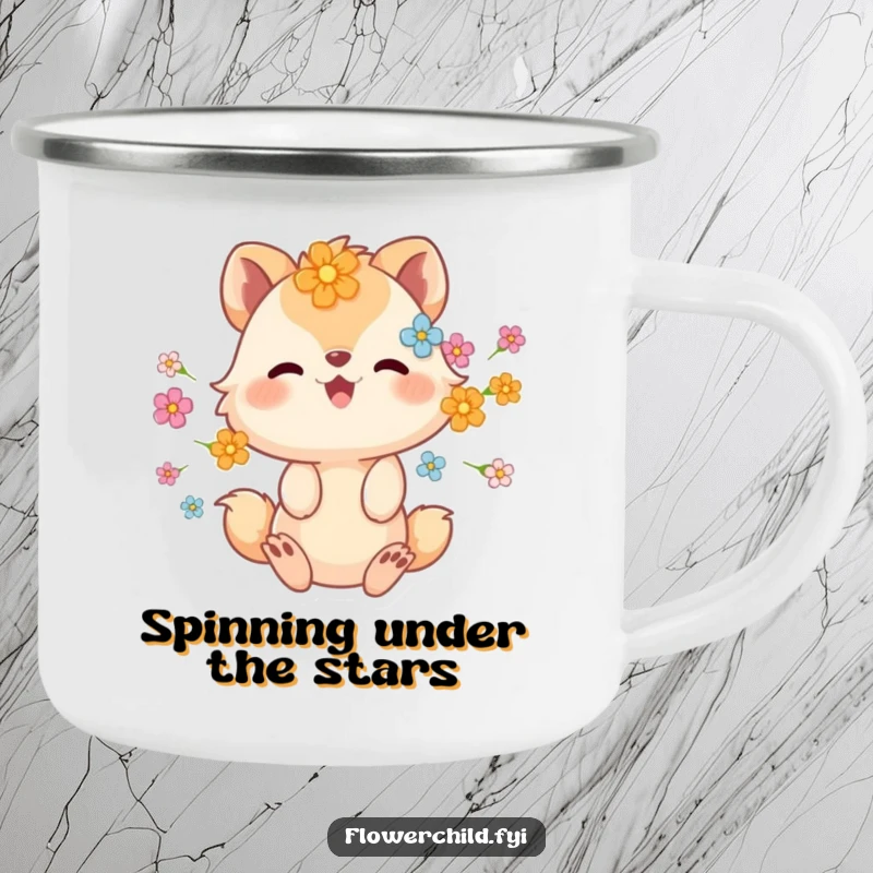 Funny enamel camping mug with an animal character covered in flowers, spinning joyfully, ideal for outdoor use.