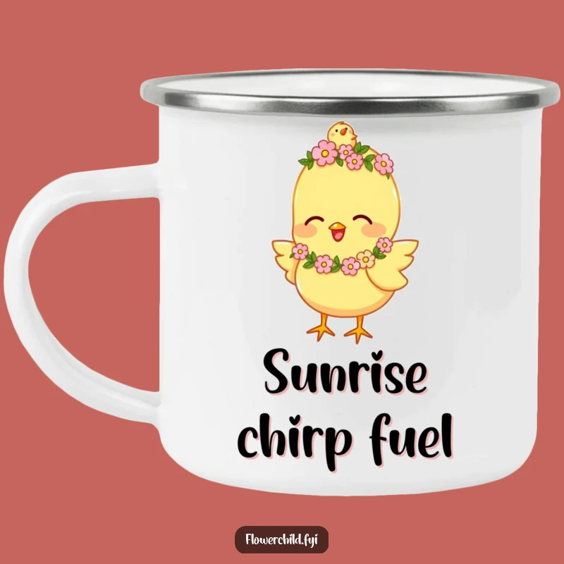 Funny Happy Chick Flower Garland Camping Mug: Joyful Chirping Cup, Outdoor Funny Gift
