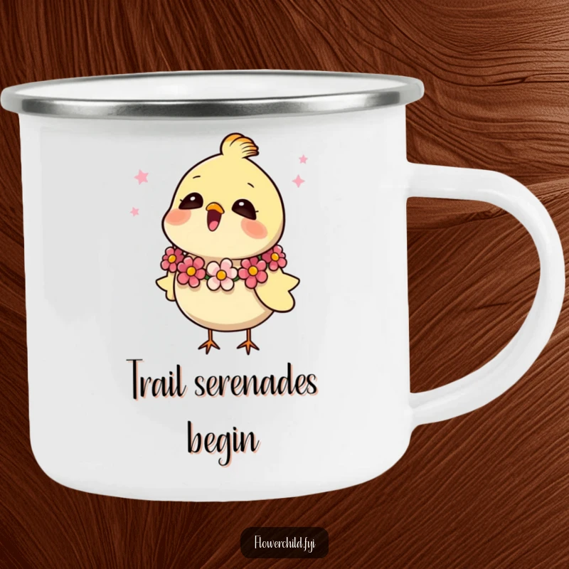 Funny camping mug with a happy bird singing amidst a flower garland, perfect for outdoor adventures.