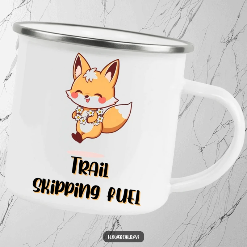 Funny Fox Camping Mug, sturdy and cheerful, showing a fox skipping with a daisy chain, ideal for outdoor use, a great funny gift.