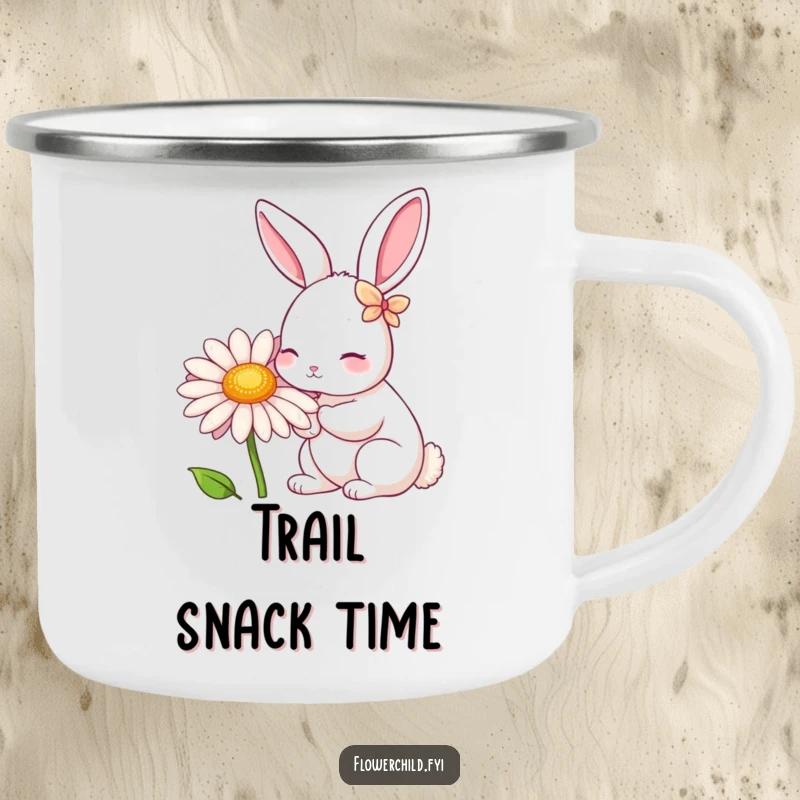 Funny Rabbit Daisy Nibbler Camping Mug: A rabbit with petal ears nibbles a giant daisy, designed for outdoor enjoyment.