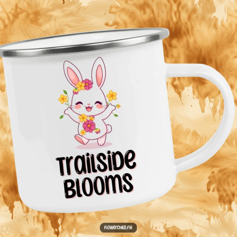Funny Bunny Camping Mug: A joyful bunny with flowers dances happily on this durable mug, perfect for cheerful outdoor sips.