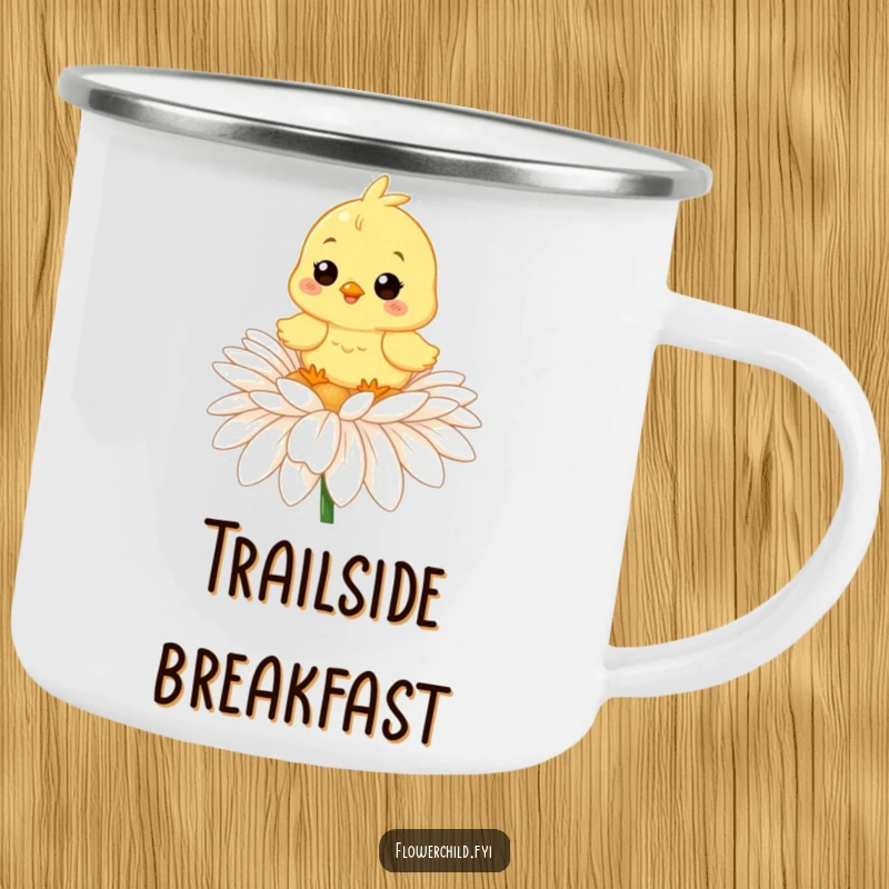 Funny camping mug with a happy chick on a daisy, bringing cheerful spring vibes to outdoor adventures.