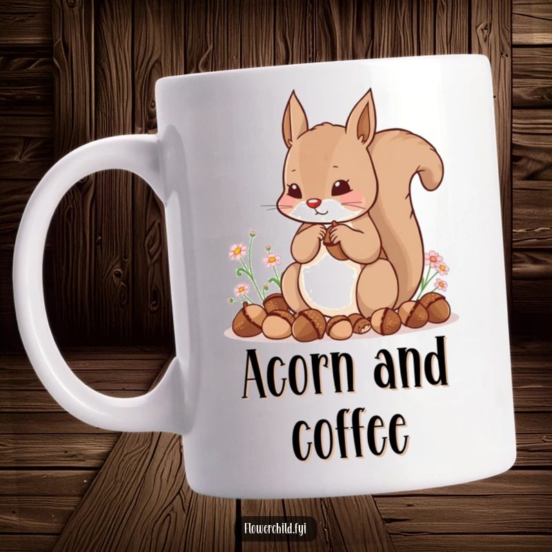 Funny ceramic mug featuring a happy squirrel hoarding acorns surrounded by tiny flowers, looking content.
