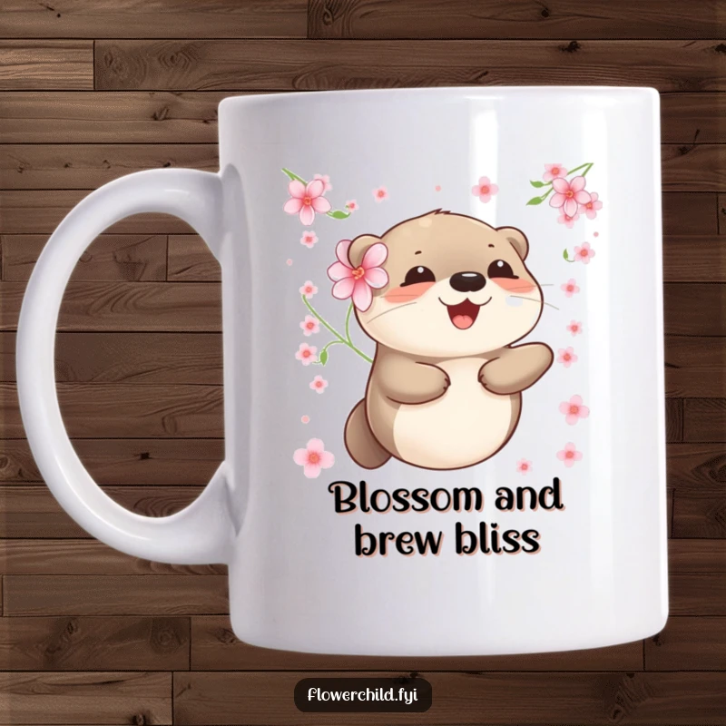 Funny otter mug with a flower behind its ear, joyfully floating among delicate blossoms and petals.