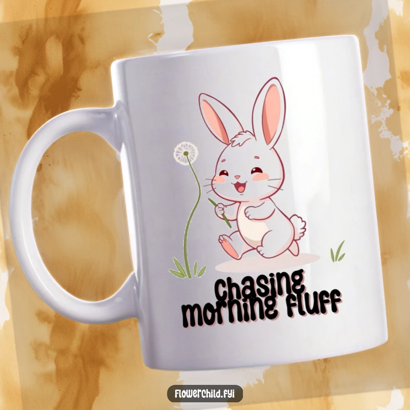 Funny bunny mug with a playful expression joyfully chasing a floating dandelion seed, representing dreams and carefree moments.