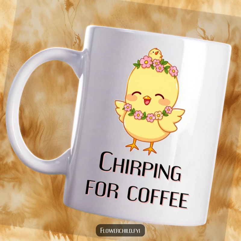 Funny Mug featuring a happy chick wearing a tiny flower garland, chirping joyfully with a bright expression.