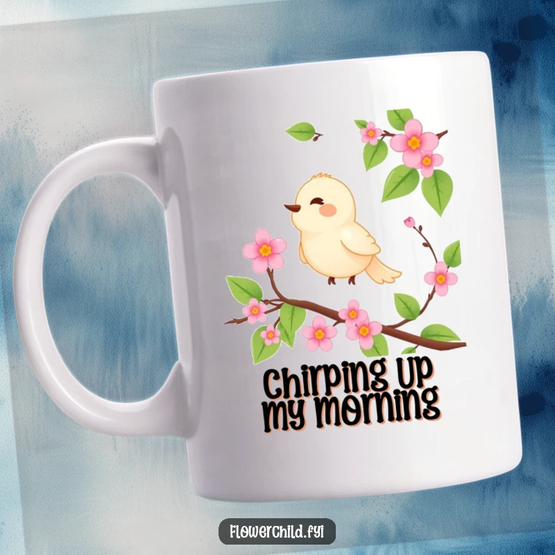 Funny mug featuring a serene bird perched on a blooming vine, singing joyfully with a peaceful expression.