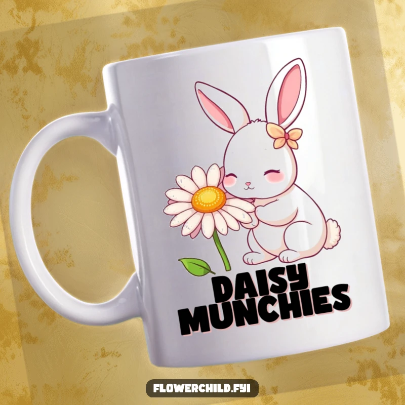 Funny Rabbit Daisy Nibbler Mug: A cute rabbit with petals on its ears happily nibbles on a giant daisy, embodying garden delight.