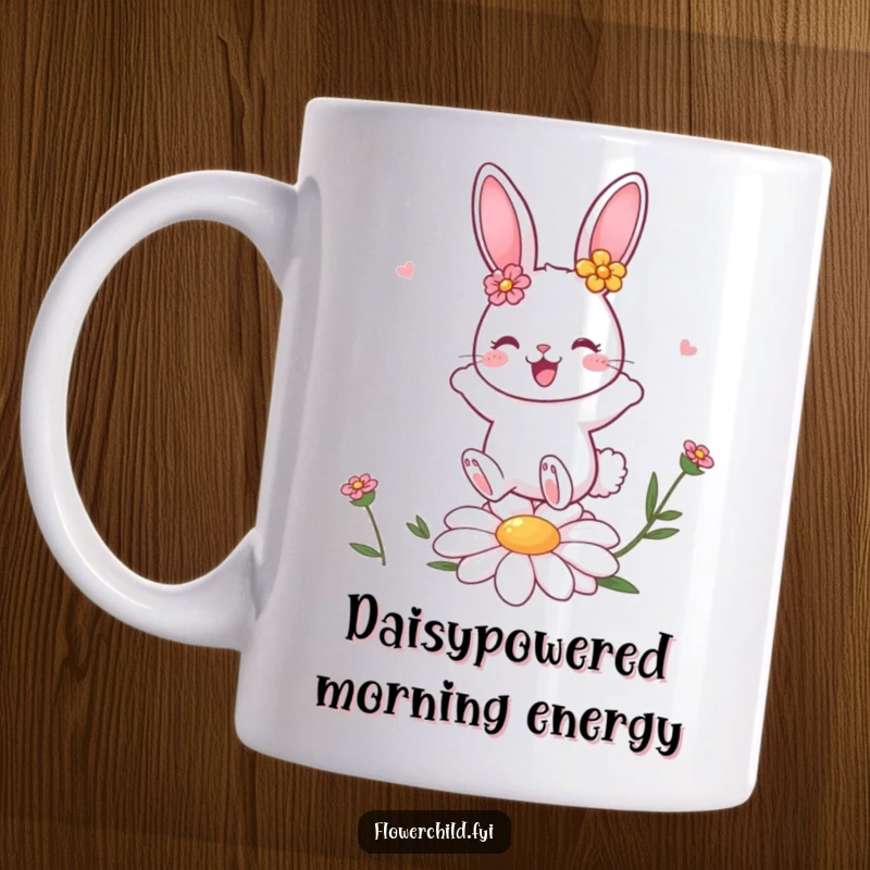 Funny bunny character with flower decorations joyfully bouncing on a daisy, perfect for a cute and happy morning mug.