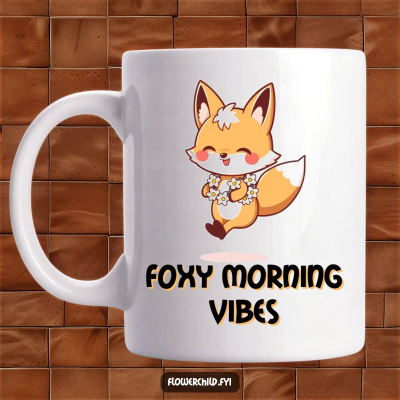 Funny Fox Mug, a cheerful fox wearing a daisy chain, skipping joyfully, embodying happiness and nature, a perfect funny gift.