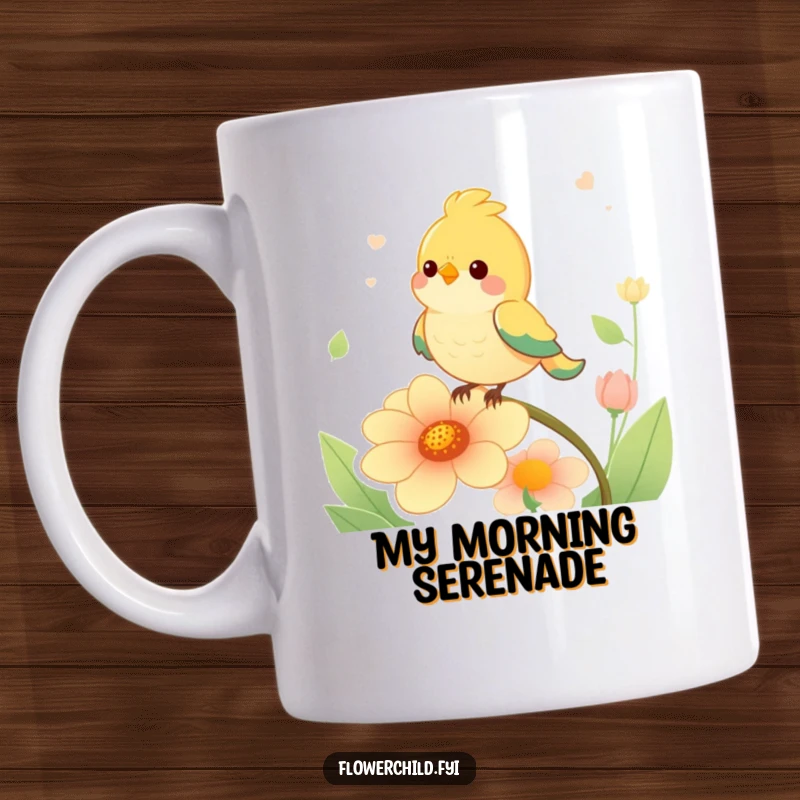 Funny bird character perched on a singing flower, exuding joy and melody on this delightful mug.
