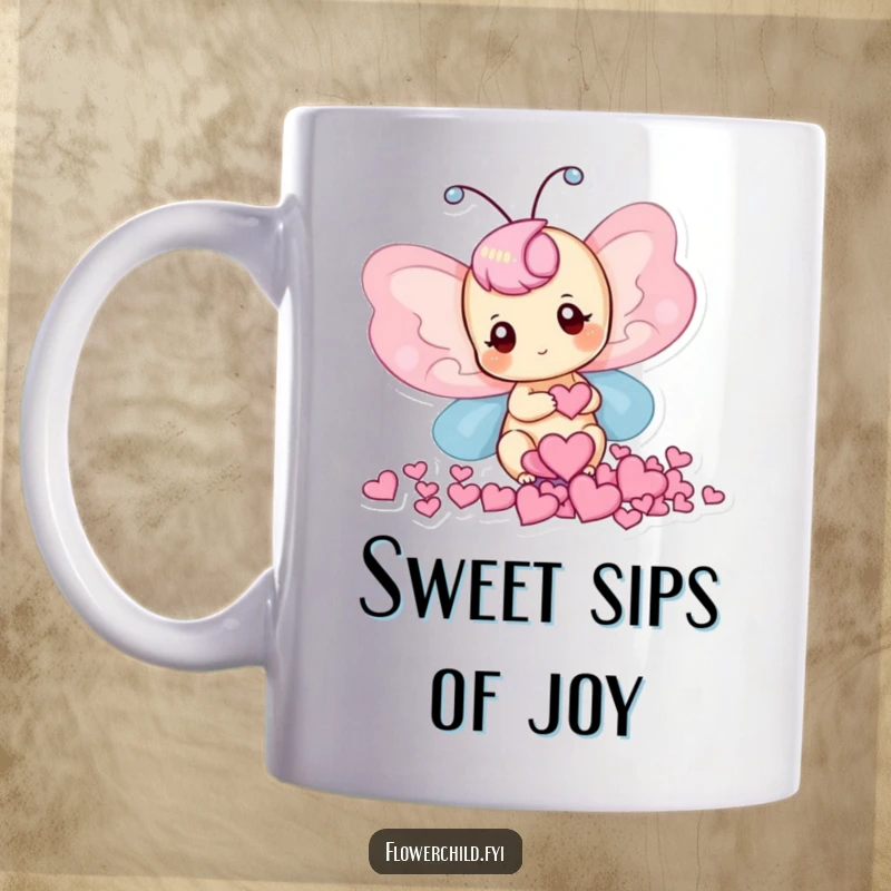 Funny mug depicting a delightful butterfly character collecting tiny heart-shaped petals with a gentle smile.