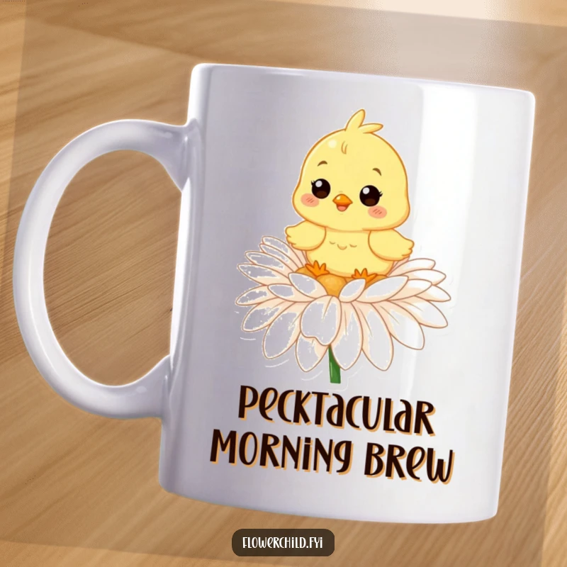 Funny mug featuring a happy chick sitting on a large daisy, radiating joy and spring cheer.