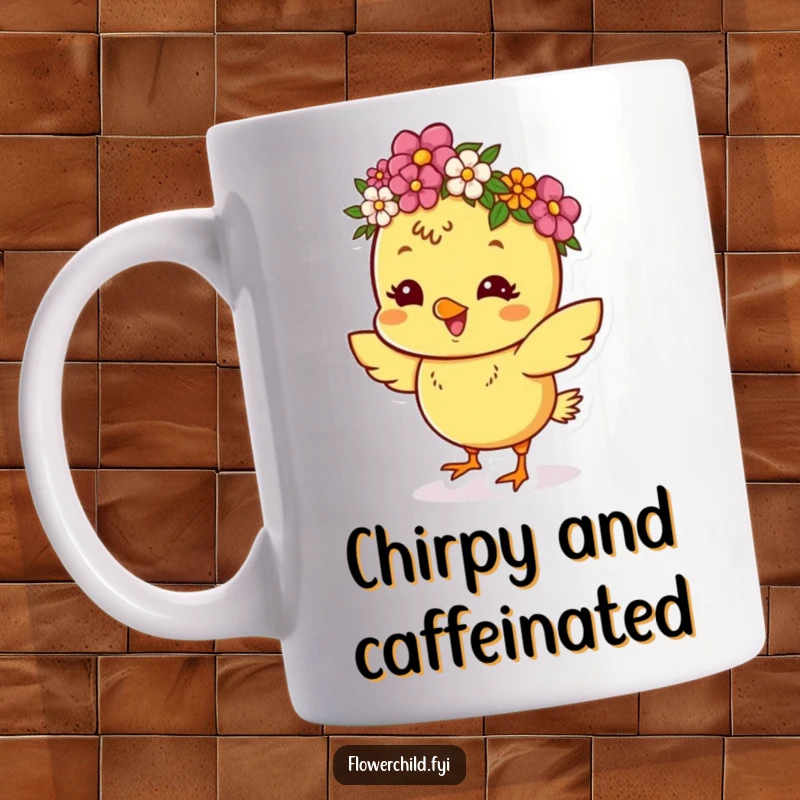 Funny mug featuring a happy chick wearing a flower crown, joyfully dancing with excitement.