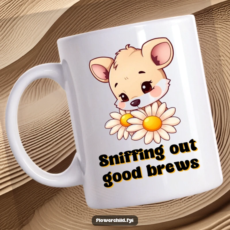 Funny mug showcasing a curious animal character with its nose close to a large, colorful daisy, exploring its scent.