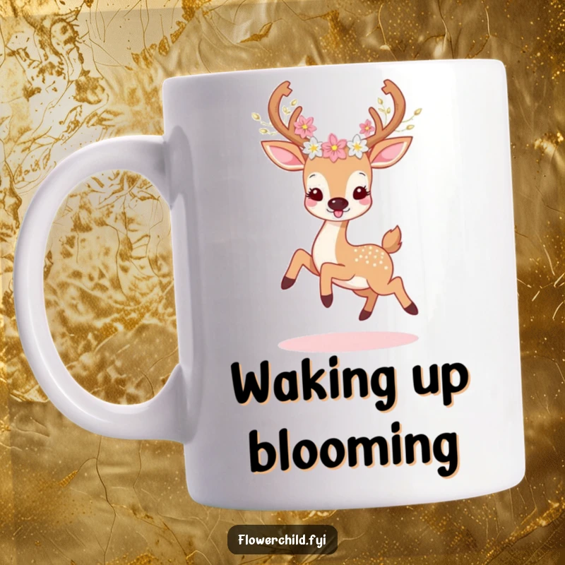Funny deer mug showing a happy deer with flowers in its antlers, prancing with pure joy and a touch of humorous elegance.