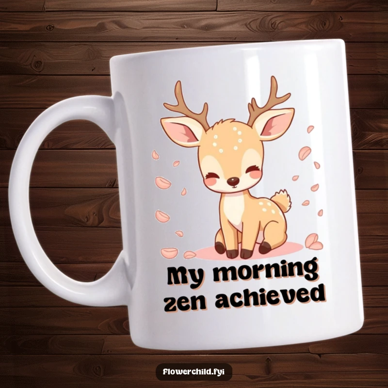 Funny mug with a serene deer surrounded by falling flower petals, embodying peacefulness and gentle grace.