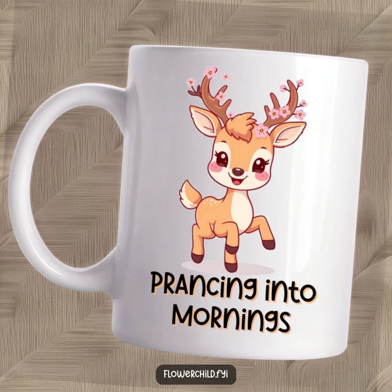 Smiling deer character with blossoms on its antlers, prancing playfully, printed on a ceramic mug.