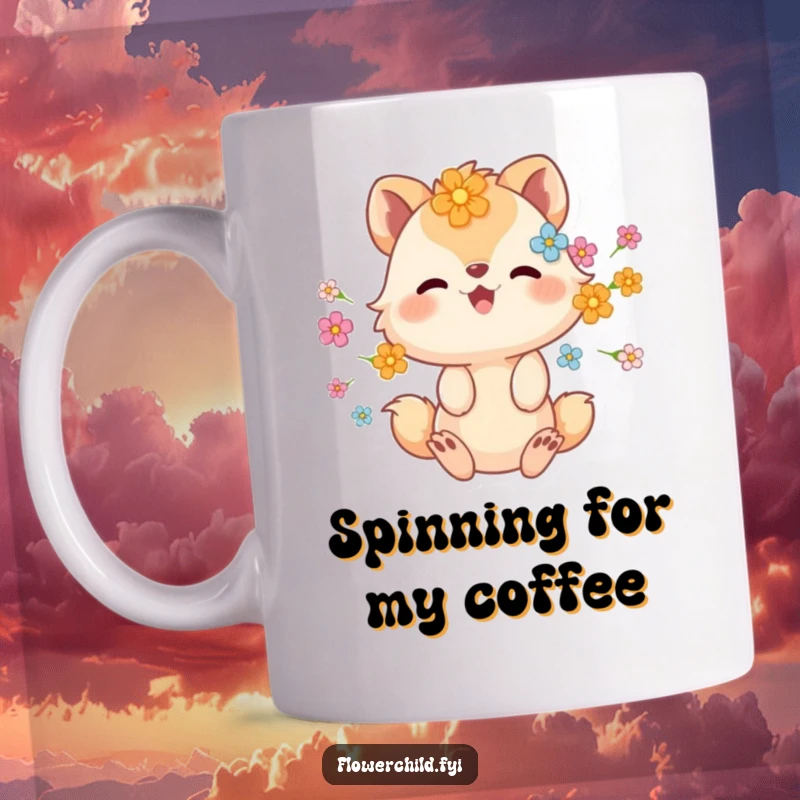 Funny mug featuring an animal character with flowers nestled in its fur, gleefully spinning in a circle.