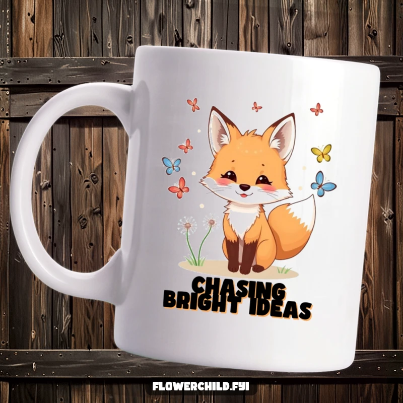 Funny fox butterfly mug, a playful fox with dandelions in its fur chasing colorful butterflies.